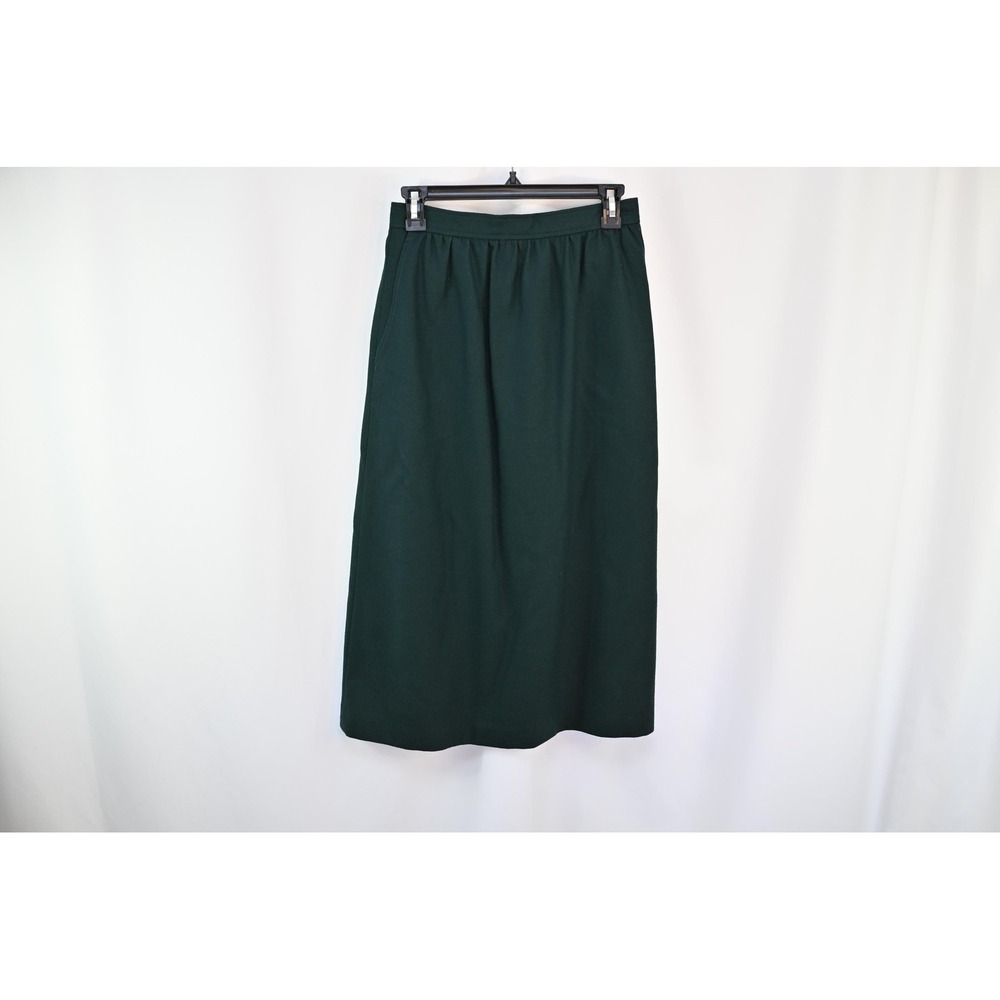 Vintage Allyson Wood Green Wool Midi Skirt Size 8 Pockets Back Slit Solid Forest